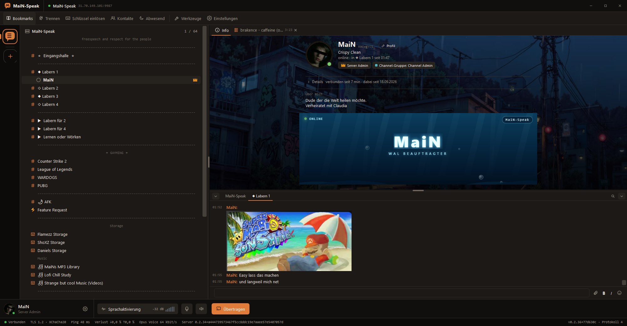 Das MaiN-Speak-Fenster: Channel-Baum, Profil und Chat